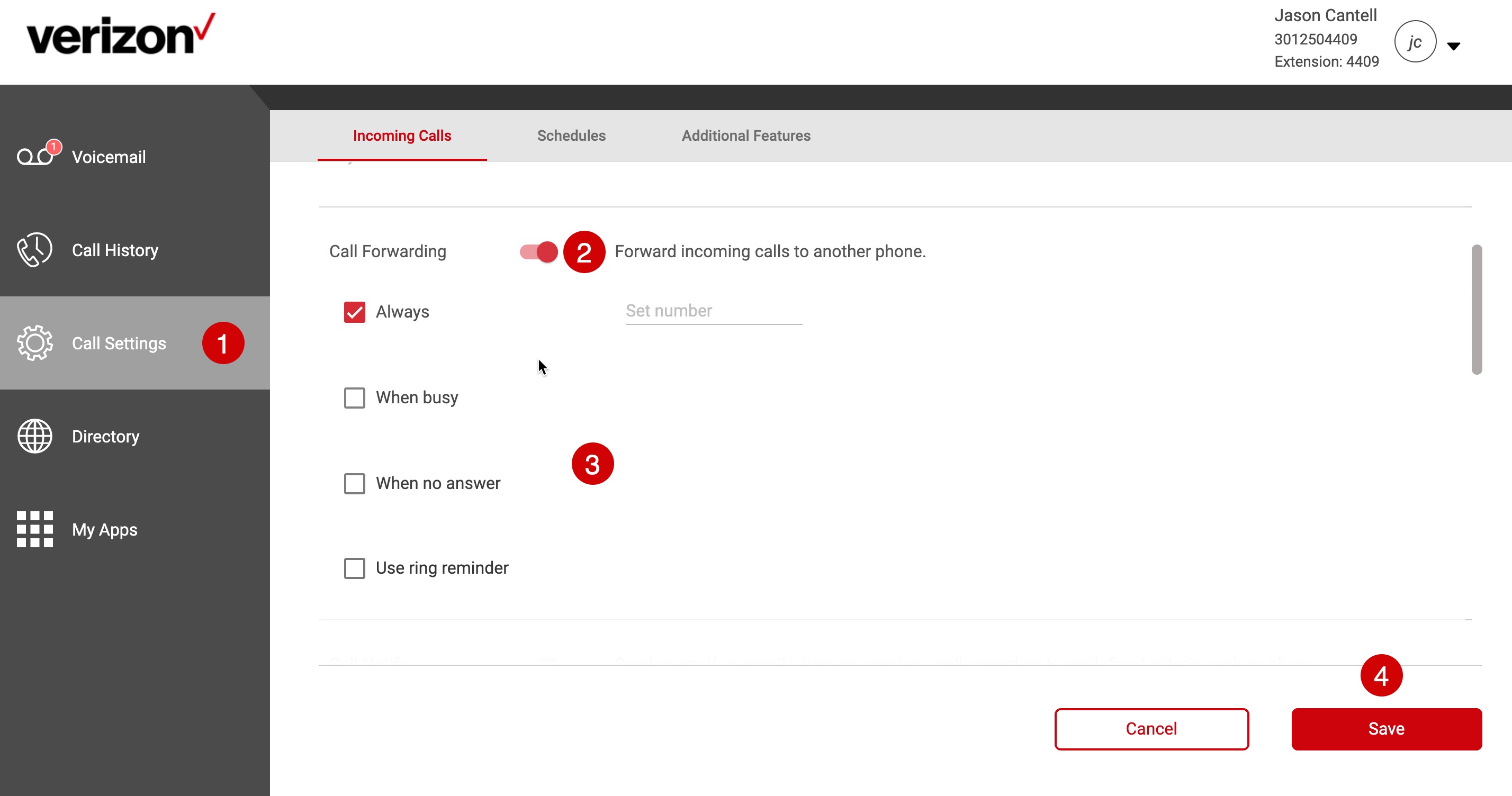 verizon call forwarding online